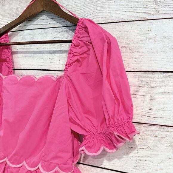 English Factory Scallop Tiered Pink Dress Size Medium Puff Sleeve Open Back Midi - Picture 6 of 12